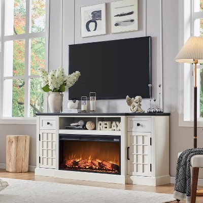SinCiDo 70" Farmhouse Fireplace TV Stand, for 80" TV, w/ 36" Electric Fireplace, w/ Remote Control & 3D Flame, 2 Drawers, Adjustable Partition