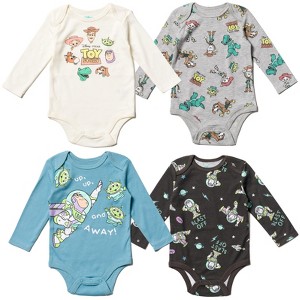 Disney Pixar Toy Story Alien Bullseye Rex Woody Jessie Buzz Lightyear Baby 4 Pack Bodysuits Newborn to Infant - 1 of 4