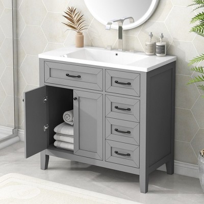 LOVMOR Bathroom Vanity with Ceramic Sink, Doors & Drawers, Modern Bathroom-Storage Cabinet, Solid Wood Frame Set