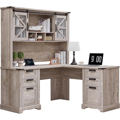 SinCiDo 60" Farmhouse L Shaped Office Desk w/ Drawer, Wood Home Office Executive Desk w/ Hutch & Charging Ports, Storage Cabinet