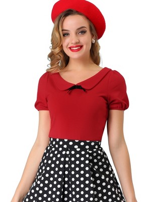 INSPIRE CHIC Women's Bow Neck Solid Short Sleeve Peter Pan Collar Blouse