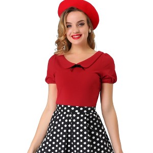 INSPIRE CHIC Women's Bow Neck Solid Short Sleeve Peter Pan Collar Blouse - 1 of 4