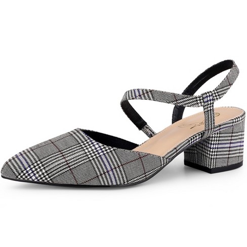 Perphy Houndstooth Printed Pointed Toe Slingback Chunky Heels Mules for  Women Black White 8