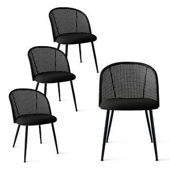 Jules Mesh Rattan Backrest Dining Chair Set of 4 with Black Metal Base, Armless Kitchen Chairs with Upholstered Bouclé Fabric -The Pop Maison
