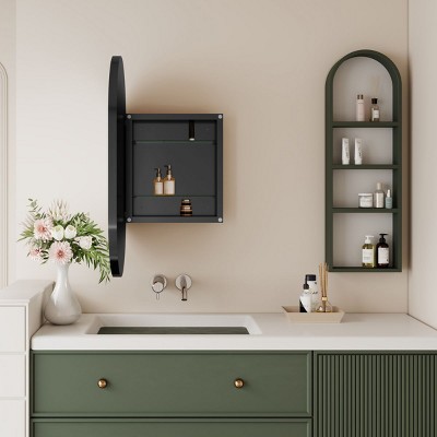 20x34 Inch Oval Matte Black Metal Recessed Medicine Cabinet with Mirror