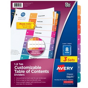 Avery Dividers for 3 Ring Binders, 8 Tabs per Set, Customizable Table of Contents, Multicolor Tabs (3 Sets of 11071) - 1 of 4