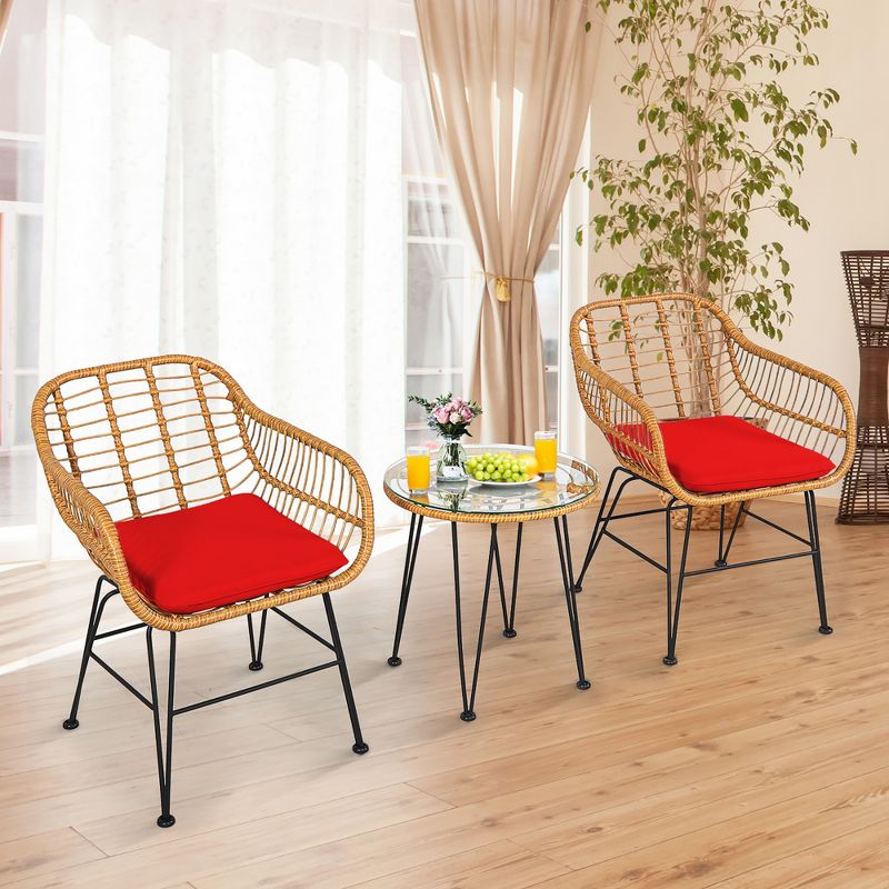 Costway 3PCS Patio Rattan Bistro Furniture Set Cushioned Chair Table, 3 of 11