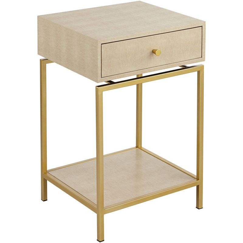 55 Downing Street Modern Gold Metal Accent Table 16" x 14" with Shelf Drawer Cream Faux Shagreen Tabletop for Living Room Bedroom, 1 of 10