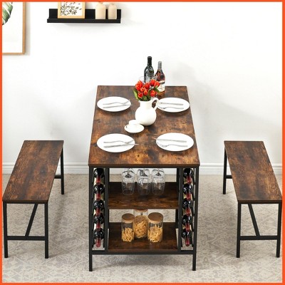 Dining Table Set for 4, Kitchen Table Set for 4 with 2 Benches, Rectangular Dining Room Table Set with Wine Rack