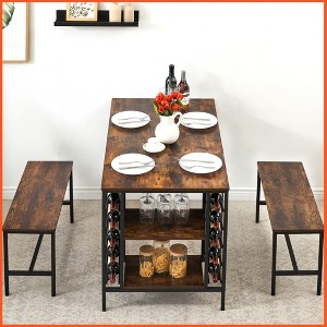 Dining Table Set for 4, Kitchen Table Set for 4 with 2 Benches, Rectangular Dining Room Table Set with Wine Rack - 1 of 4