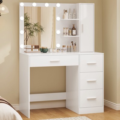 USIKEY Makeup Vanity with Lights, Vanity Desk with Mirror and 10 LED Lights, Vanity Table Set with 4 Drawers, Cabinet & 4 Necklace Hooks