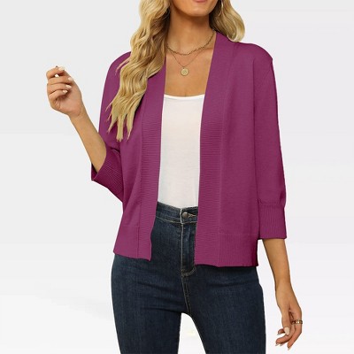 Women's Lightweight 3/4 Sleeve Cropped Cardigan Sweater Open Front Short Shrugs,Deep Rose - XL