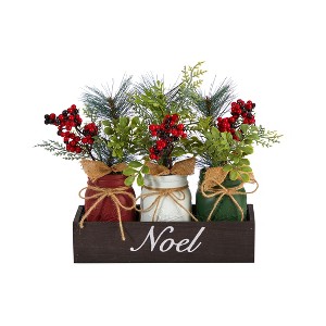 Nearly Natural 12-in Holiday Winter Pine and Berries Three Piece Mason Jar Noel Table Christmas Artificial Arrangement Décor - 1 of 3