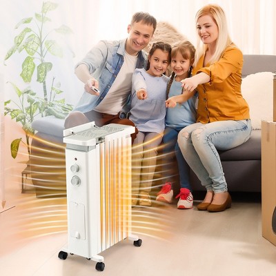 White 1500W Oil Filled Radiator Heater with Thermostat and Automatic Shut-off