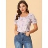 Allegra K Women's Square Neck Puff Short Sleeve Ruched Front Ruffle Floral Top - 3 of 4