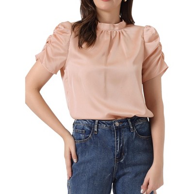 Allegra K Women's Puff Short Sleeve Mock Neck Pleated Tie Back Office Work Satin Tops