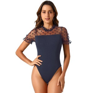 Allegra K Women's Polka Dots Mesh Sheer Short Sleeve Skinny Party Bodysuit Top - 1 of 4