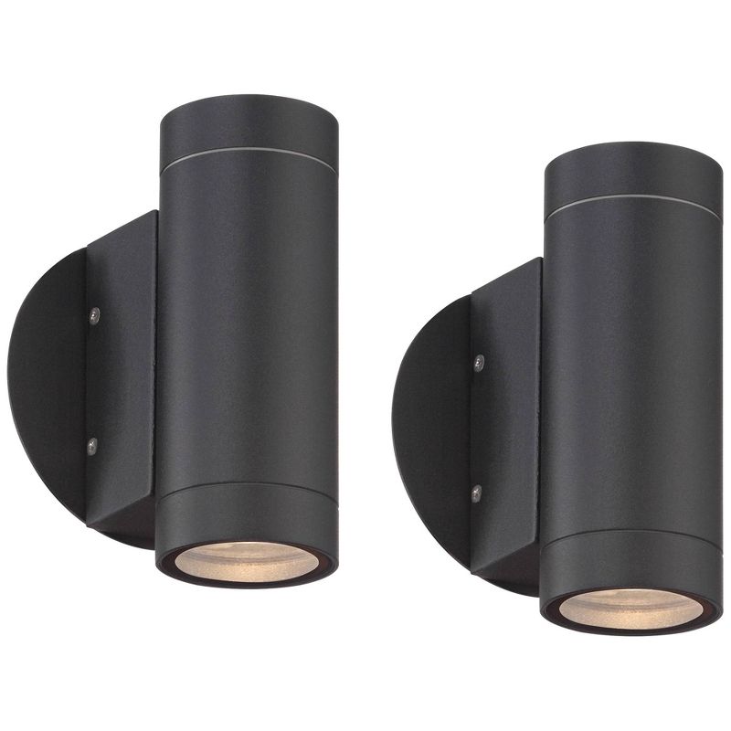 Possini Euro Design Modern Industrial Outdoor Wall Light Fixtures Set of 2 Matte Black Metal Up Down 6 1/2" for Post Exterior Barn, 1 of 7