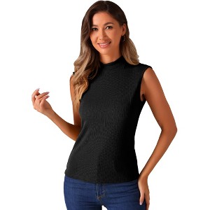 Allegra K Women's Mock Neck Summer Knit Ribbed Sleeveless Blouse - 1 of 4