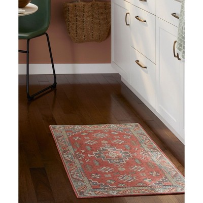 Coral and Gray Rectangular Washable Cotton Kitchen Mat