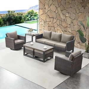 SUGOLD 7 Piece Patio Furniture Set PE Wicker Outdoor Couch,Patio Swivel Rocker Chairs and Ottomans Tables - 1 of 1