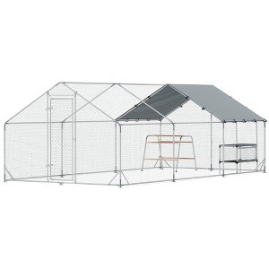 Large Metal Chicken Coop with Waterproof Cover, Roosting Bar, Nesting Box, 9.8' x 19.7' x 6.4' - 1 of 4
