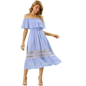 Allegra K Women's Off Shoulder Ruffle Lace Insert High Waist Short Sleeve Flowy Maxi Dress - 1 of 4