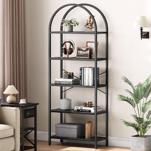 Bookshelf 5 Tier Bookcase Arched Display Racks Tall Standing Bookshelves Metal Frame Open Storage Rack Shelf Large Black Book Shelf for Bedroom - 1 of 4