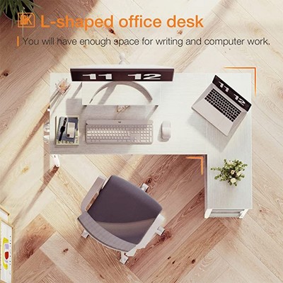 White Corner Computer Desk with Headphone Hook and Shelves