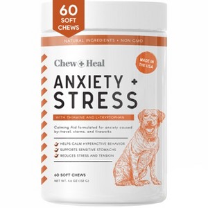 Chew + Heal Calming Anxiety Treats, Dog Supplement, Stress Relief For Travel, Storms & Fireworks - 60 Delicious Chews - 1 of 4