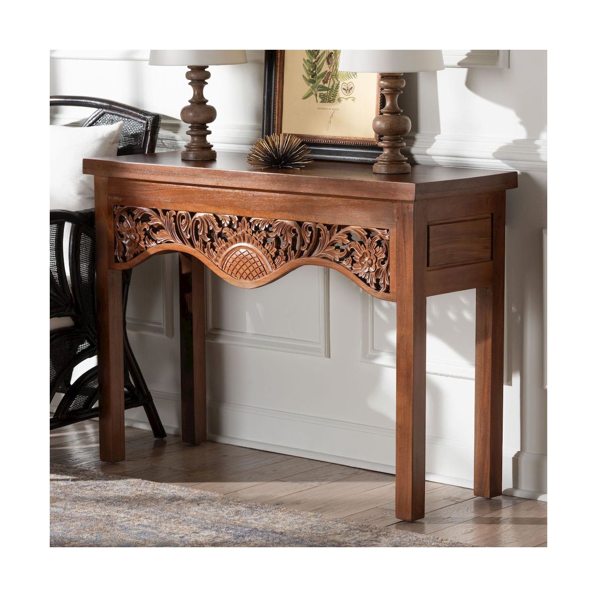 bali & pari,Alannis Mahogany Wood Console Table - Accent Table with Carved Floral Apron for - thumbnail 9