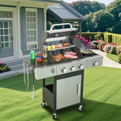 Coolbibila-3-Burner Propane Gas BBQ Grill, Outdoor Grill Station With High Power Output Of 37230BTU, Iron BBQ Grill With Push-And-Turn Ignition System