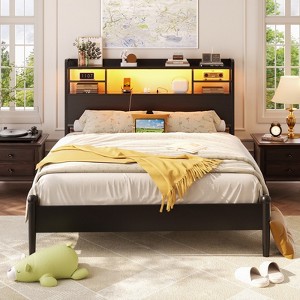 Besiost Headboard with Storage shelves and Charging Station, Wood Headboard with LED Light - 1 of 4