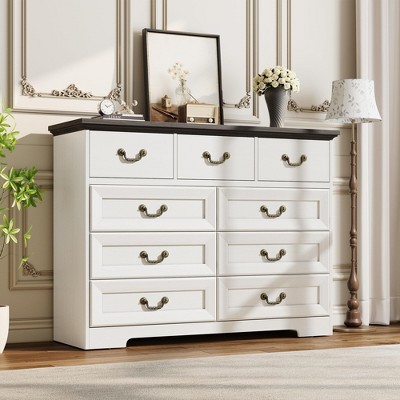 9-Drawer Dresser for Bedroom, 47" Wide Dressers Wood Vintage Chest of Drawers with Natural Texture and Vintage Gold Floral Handles