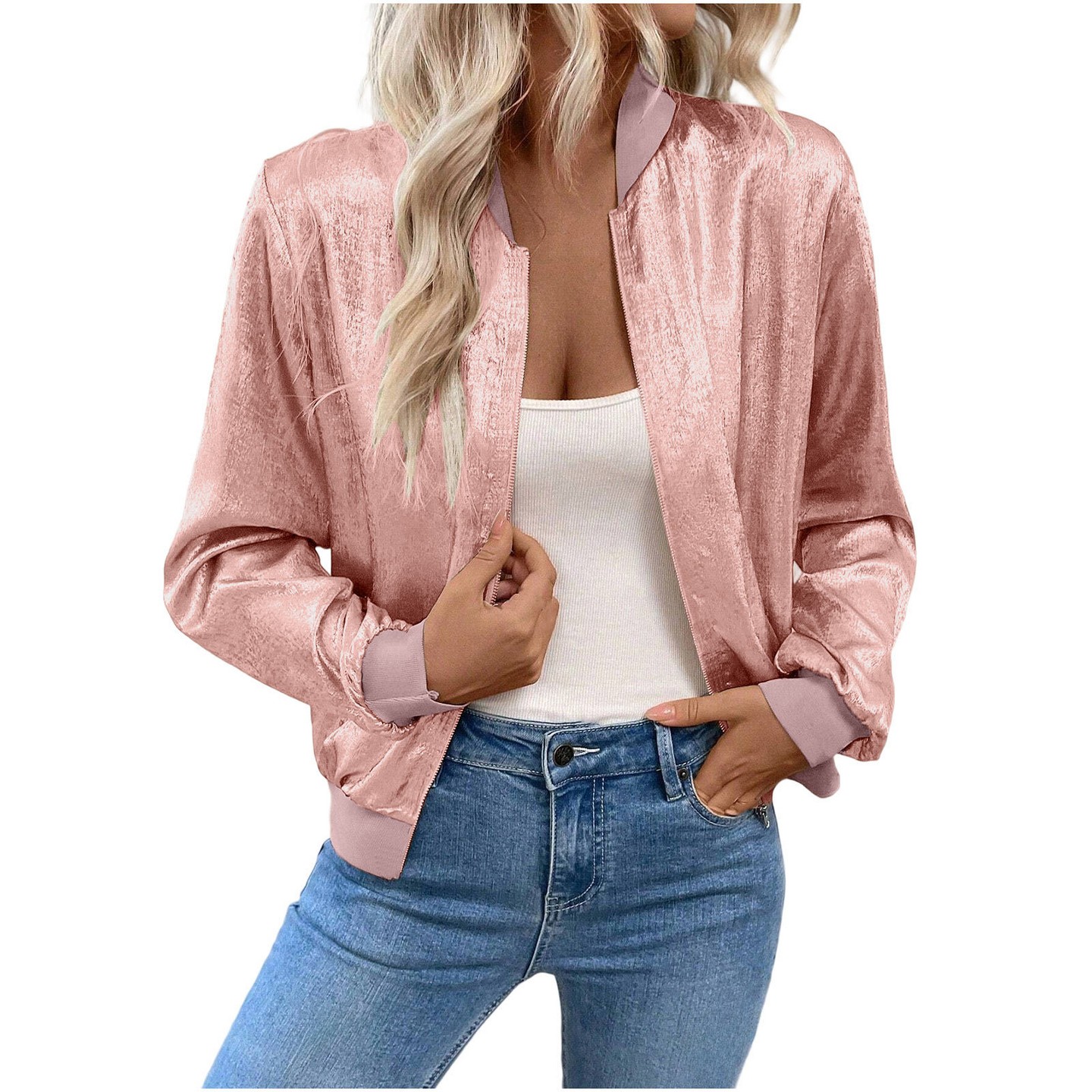 Женское пальто YesFashion Satin Shimmer Bomber Jacket Zip-Up Stretch Casual Outerwear Coat, XL, Pink, цвет: Розовый — фото 1