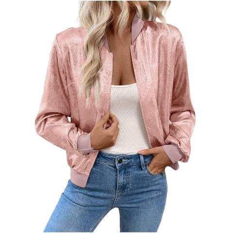 Женские куртки YesFashion Women's Satin Shimmer Bomber Jacket Zip-Up Stretch Casual Outerwear Coat,L,Pink