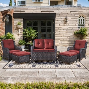 Gymojoy 6 Piece Outdoor Wicker Loveseat Sofa with Patio Chairs with Coffee Table and Ottoman Sets - 1 of 4