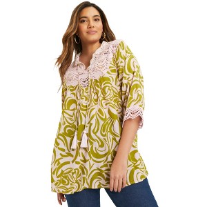June + Vie by Roaman's Women's Plus Size Lace-Trim Crinkle Blouse - 1 of 4