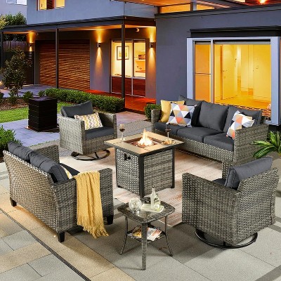 XIZZI 6 Pieces Patio Furniture Set with Square Fire Pit Table Swivel Rocking Chairs Loveseat Outdoor High Back Wicker Rattan Conversation Set