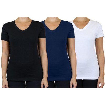 Blu Rock Women's Loose Fit  Short Sleeve V-Neck Cotton Stretch Tees-3 Pack