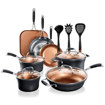 NutriChef 14-Piece Nonstick Kitchen Cookware Set - Heat Resistant Lacquer Kitchen Ware Pots Pan Set Copper/Hard-Anodized