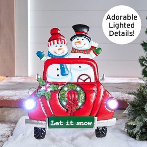 The Lakeside Collection Lighted LED Let It Snow Snowman Couple Red Truck Yard Stake - 1 of 4