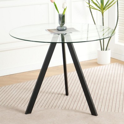 CAVINAS Round Dining Table Kitchen Table Tempered Glass Dining Room Table with Metal Base