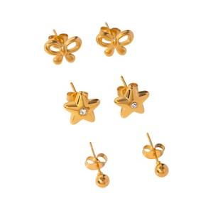 Gold-Tone Multi-Style Earring Set (Studs: Ball, Bow, Star with Cubic Zirconia), Versatile Jewelry for Women, Daily & Styling Occasions - 1 of 4