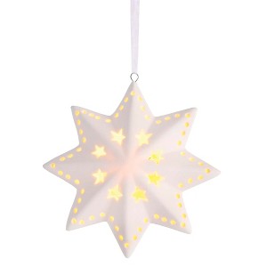 Dickson's LED 8-Point Star with Star Shaped Cutouts - Ribbon Hanger- 4 Inch White Porcelain Decorative Hanging Ornament - 1 of 1