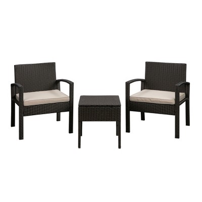 Balkene Home Bern Conversation 3 Piece Set Mocha All Weather Wicker Lightweight Durable Armchairs & Occasional Table Outdoor Seating - Mocha Finish