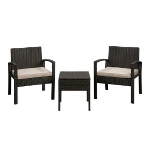 Balkene Home Bern Conversation 3 Piece Set Mocha All Weather Wicker Lightweight Durable Armchairs & Occasional Table Outdoor Seating - Mocha Finish - 1 of 4