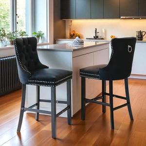 Mshliw Set of 2 Contemporary Velvet Upholstered Barstools with Tufted Back, Chrome Nailhead Trim and Solid Wood Legs for Kitchen and Home Bar - 1 of 4