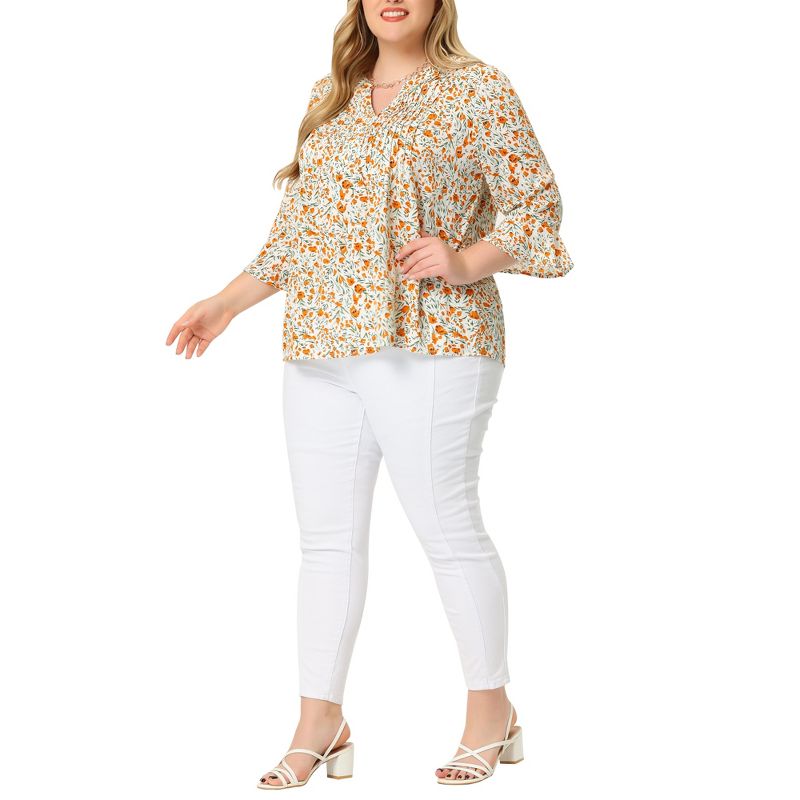 Agnes Orinda Women's Plus Size Pleated Ruffle 3/4 Sleeves Pintuck V Neck Floral Blouses, 2 of 6