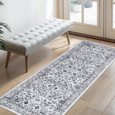 Machine Washable Vintage Floral Printed Area Rug Low Pile Stain Resistant Non Slip Non Shedding Pet Friendly Floor Mat